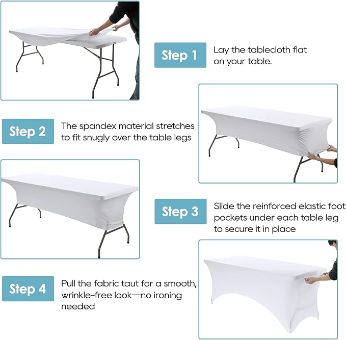 VidaFete Spandex Tablecloth 2 Pack 8FT, Fitted Stretch Table Cover for Rectangle Tables, Wrinkle Resistant and Washable Tablecloths for Outdoor, Picnic, Party, Wedding, Banquet, Birthday, White