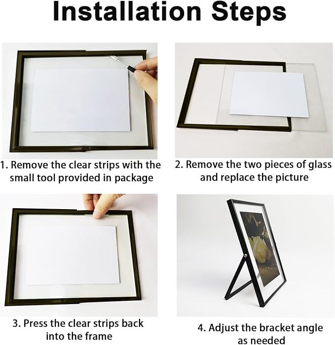 Black Floating Picture Frames - Set of 3, for Photo Size 4×4, 4×6, 5×7, Vertical Tabletop Display, Double Glass Metal Frame for Wedding, Home or Office Desk Decoration (Black)