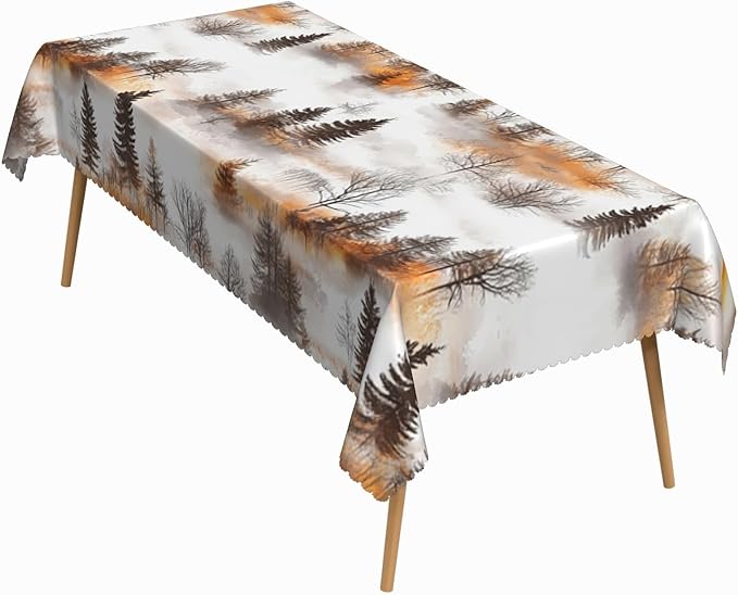 60x120 Inch Nature Rectangle Tablecloth Watercolor Autumn Forest Misty Pine Tree Sunrise Table Cloth Waterproof Reusable Table Cover for Dining Home Kitchen Thanksgiving Picnic BBQ