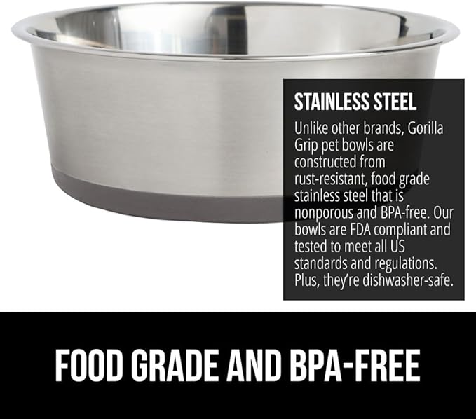 GORILLA GRIP Dog Bowl, Holds 4 Cups (32 fl oz), Heavy Duty Metal Food and Water Bowl for Feeding Dogs and Cats, Easy Clean, Dishwasher Safe, Rust Resistant Stainless Steel, BPA Free Rubber Base, Black