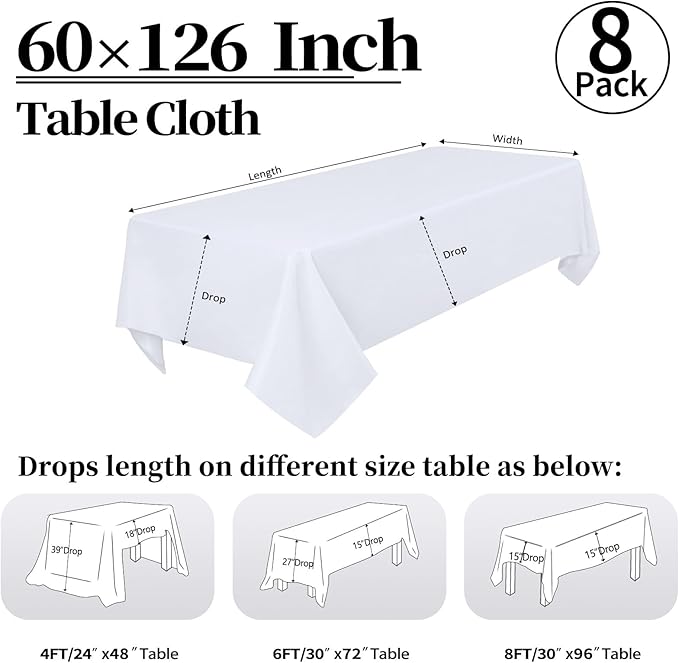 8 Pack White Tablecloth 60 x 126 Inch Rectangular Table Cloth for 8 Foot Rectangle Tables, Wrinkle Resistant Washable Fabric Polyester Table Covers for Wedding Party Banquet Buffet