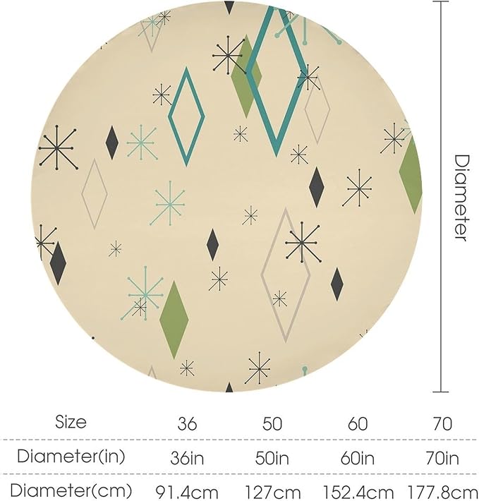 Colorful Middle Century Round Tablecloth, Vintage Bohemian Mid Century Modern Retro Print Tablecloth for Home Party Dining Room Kitchen Decor 70Inch(178cm)