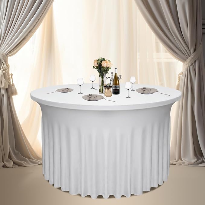 6-Pack 60" Diameter x 30" Height White Round Table Skirts for 5FT Tables | Wrinkle & Stain Resistant Polyester Spandex Tablecloths with Elastic Fit | Ideal for Weddings, Parties, Banquets, Dining