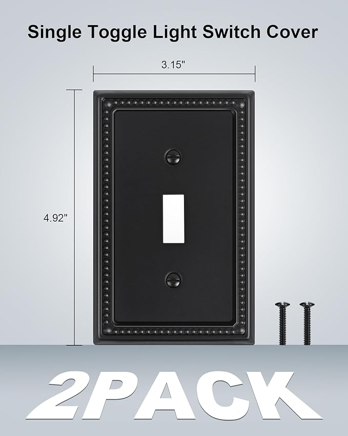 2-Pack Single Toggle Light Switch Cover Plate, Pearls Decorative Switch Plate Covers, Black 1 Gang Metal Wall Plate, Corrosion Resistant
