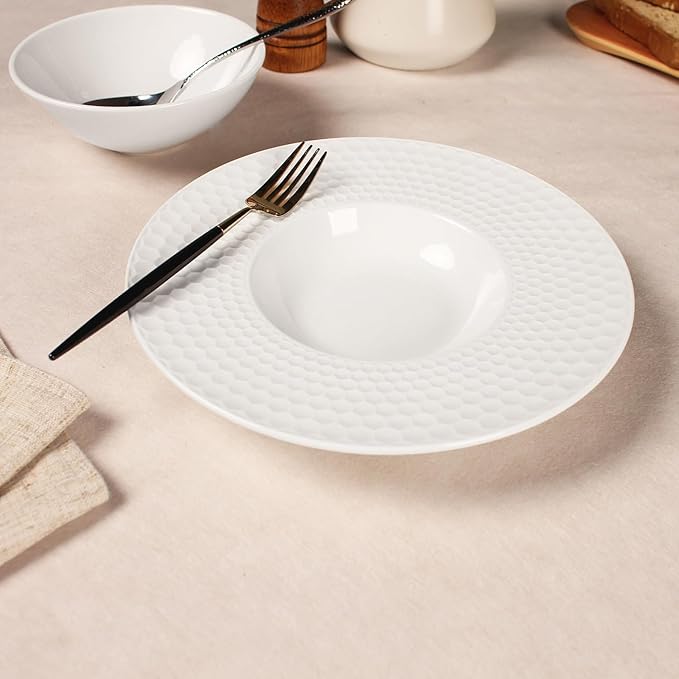 Creative home decor ceramic wide-rimmed soup bowls/plates, 5.3 oz pasta bowl set of 4, white embossed bowls and plates with rims, perfect for upscale restaurants, hotels and gourmets.
