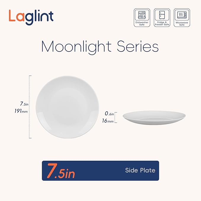 7.5 inch Appetizer Plate Set of 6, Lightweight Opal Glass Round White Salad Plates for Dessert Kitchen, Dishwasher and Microwave Safe