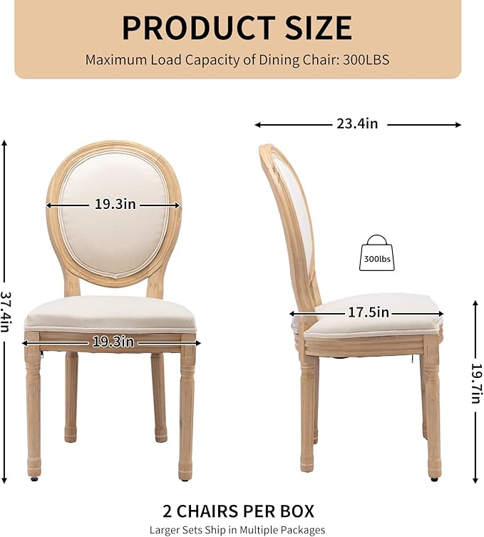 Vintage French Dining Chairs Set of 4, Round Back Accent Chairs with Linen Seat and Solid Wood Frame, Farmhouse Sillas de Comedor Upholstered for Dining Room & Kitchen, Beige