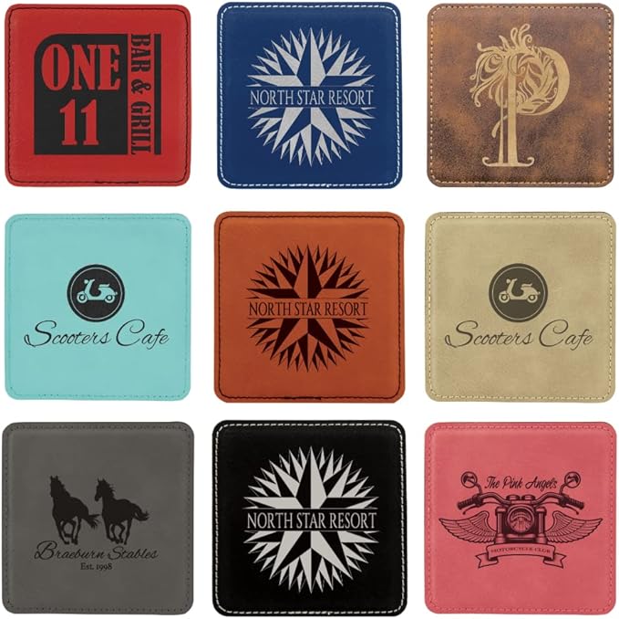 Custom Engraved Coasters | Personalized Leather Coaster | Set of 6 | Drink Coasters with Holder | Laser Engraved | Tabletop Protection | Gift for Couples (Square 4" x 4", Dark Brown w/Black)