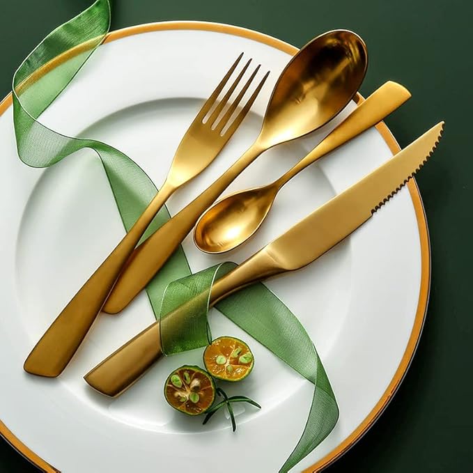 64 Piece Gold Silverware Set for 16,Modern Unique 18/10 Stainless Steel Flatware Cutlery Set, Eating Tableware Set,Vintage Luxury Style Cutlery Set for Home Restaurant Wedding Party