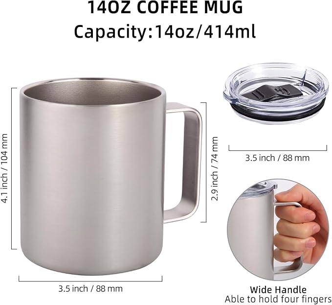 Volhoply 14oz Insulated Stainless Steel Coffee Mug with Lid Bulk 2 Pack,Double Wall Vacuum Travel Coffee Cup with Handle,Reusable Metal Cups Tumbler,Camping Mugs Keep Hot,Ideal Gifts(Silver,2)