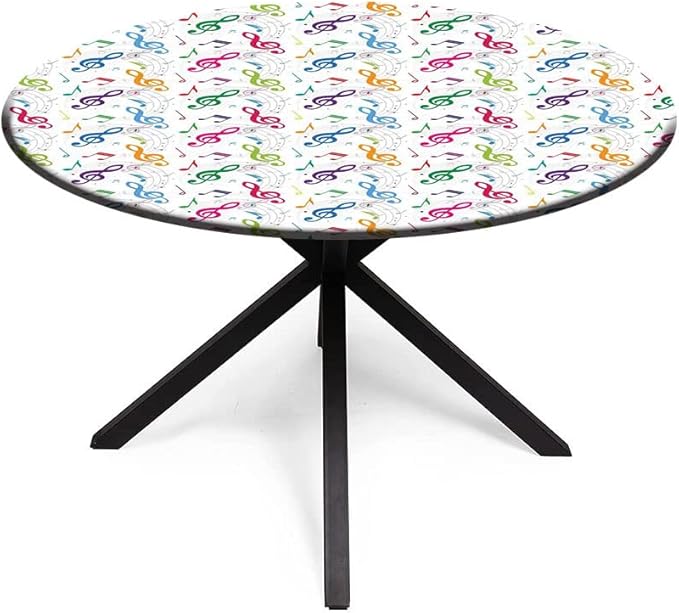 Round Tablecloth, Music Decor Tablecloth for Side Table, Notes on Circle Shape Geometric Background Carnival, Fit Round Tables 61inch Diameter, Buffet Table/Parties/Holiday Dinner, Multy