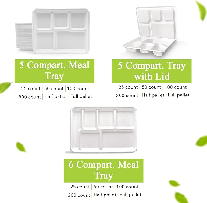 three leaf 5 COMPARTMENT MEAL TRAY WITH LID SET, 125 SETS. Heavy-Duty- Super Strong- Natural- Eco-Friendly Disposable Bagasse Tray with Lid, 100% Biodegradable Plates