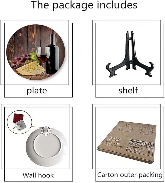 Ceramic Display Plate, Wine Ceramic Hanging Decorative Plate, Red Wine Cabernet Bottle and Glass Cheese and, 10 Inch, Household Custom Ceramic Plate, Brown Burgundy Cream
