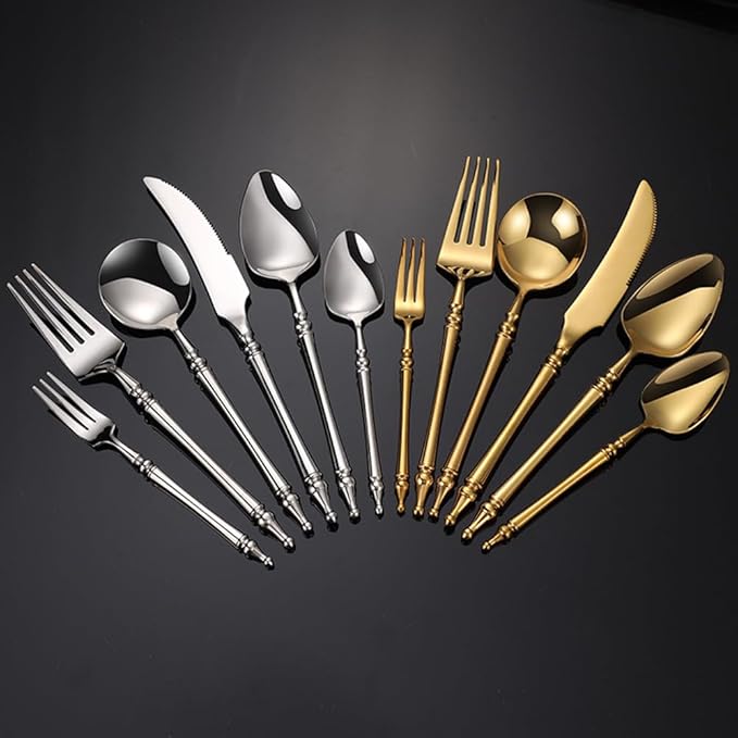 Gold Silverware Set for 14 Premium 18/10 Stainless Steel Flatware Set 56 Piece Include Knives Forks and Spoons Cutlery Utensils Light Luxury Vintage Style for Home Kitchen Christmas Restaurant