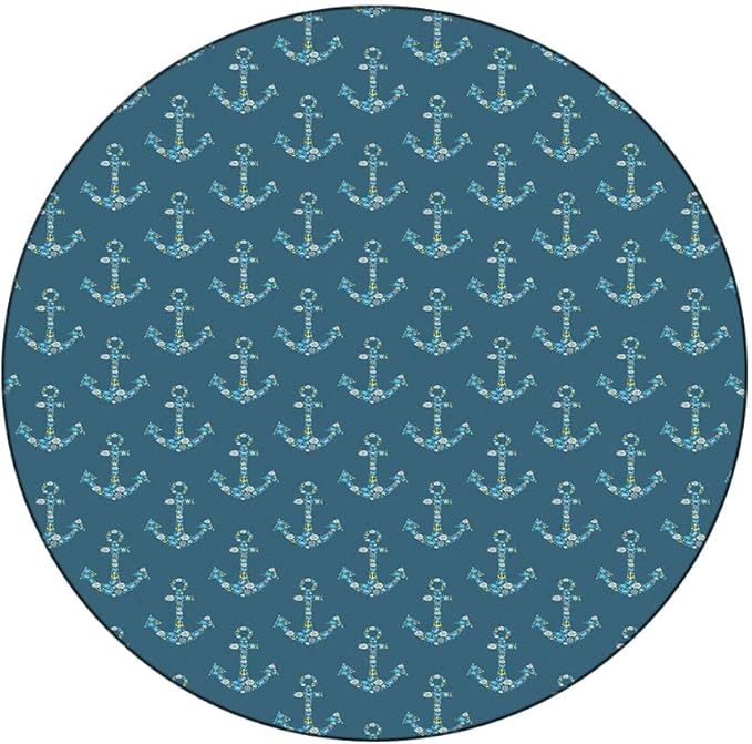 Round Vinyl Fitted Tablecloth, Nautical Print Polyester Table Cloth, Anchors Maritime Theme Decor, Fit Round Tables 23inch Diameter, for Holiday Dining Table/Dinner/Party, Petrol Blue Beige