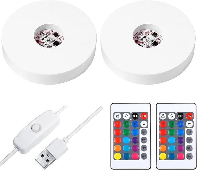 2 Pcs Light LED Base Wood LED Display Base for Glass Art Valentine Decor Crystal Acrylic Resin, 16 Colored USB Light with Remote Wooden Round Lamp Stand for 3D Crystal Ball Room Home Decor(White)