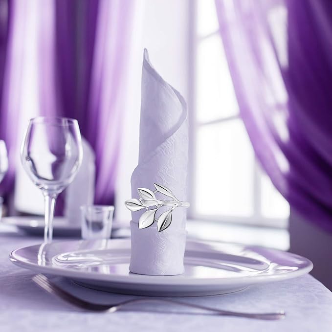 Hotop 36 Pcs Leaf Napkin Rings Set Silver Metal Napkins Rings Holders Bulk Glossy Table Adornment for Vintage Wedding Bridal Thanksgiving Christmas Holidays Fall Dinner Party Decoration Favors