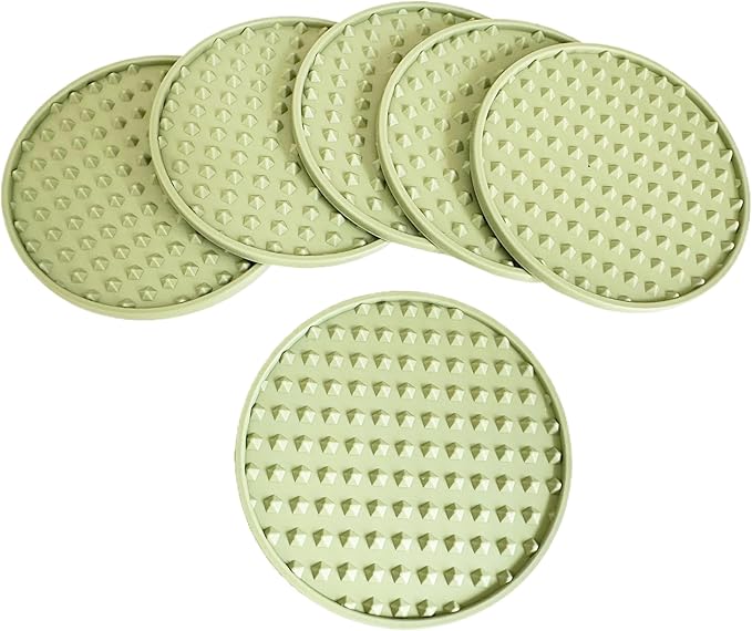Set of 6 Silicone Coasters, 4'' Drink Coaster with Holder, Round Coasters for Drinks Beer Coffee Home Office Bar Desk Tabletop Protection, Non-Slip Rubber Coaster (Green, 6 Pcs-Metal Holder)