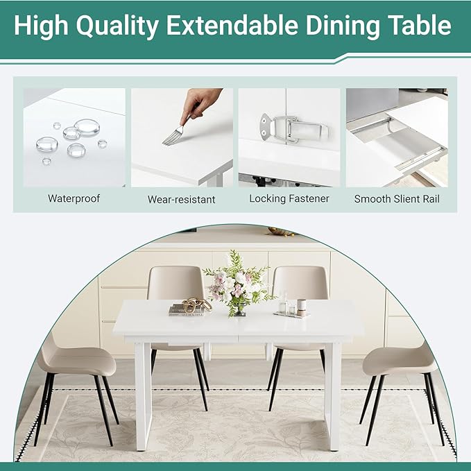 Extendable Dining Table Set for 4, 55"–71" Modern White Kitchen Table with 4 Upholstered Chairs, Space-Saving for Living Room Apartment, Sturdy & Comfortable, Easy Assembly