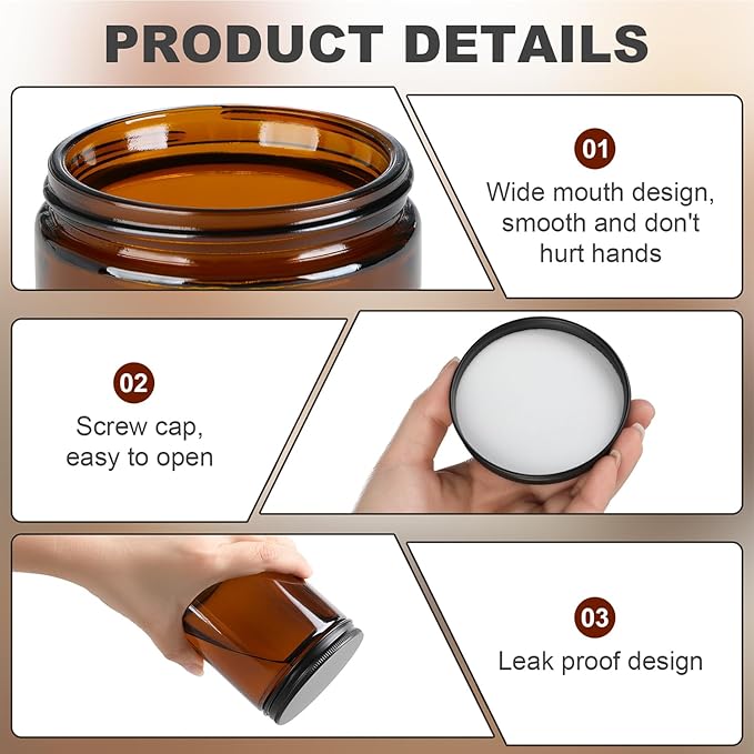 Goiio 18 Pack Amber Glass Jars, 8 Oz Thick Amber Round Glass Jars, with Black Metal Lids, for Spice, Liquid, Sample, Leakproof and Dishwasher Safe