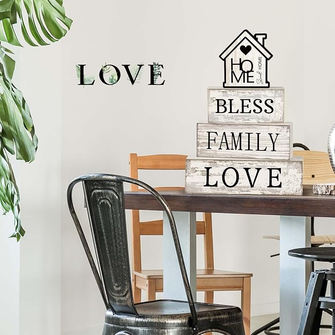 4 Pcs Farmhouse Wooden Tabletop Decor Sweet Home Tiered Tray Decor Rustic Retro Wood Bless Family Love Block Sign Gift Neutral Centerpiece Farmhouse Table Sign for Home Shelf Mantle