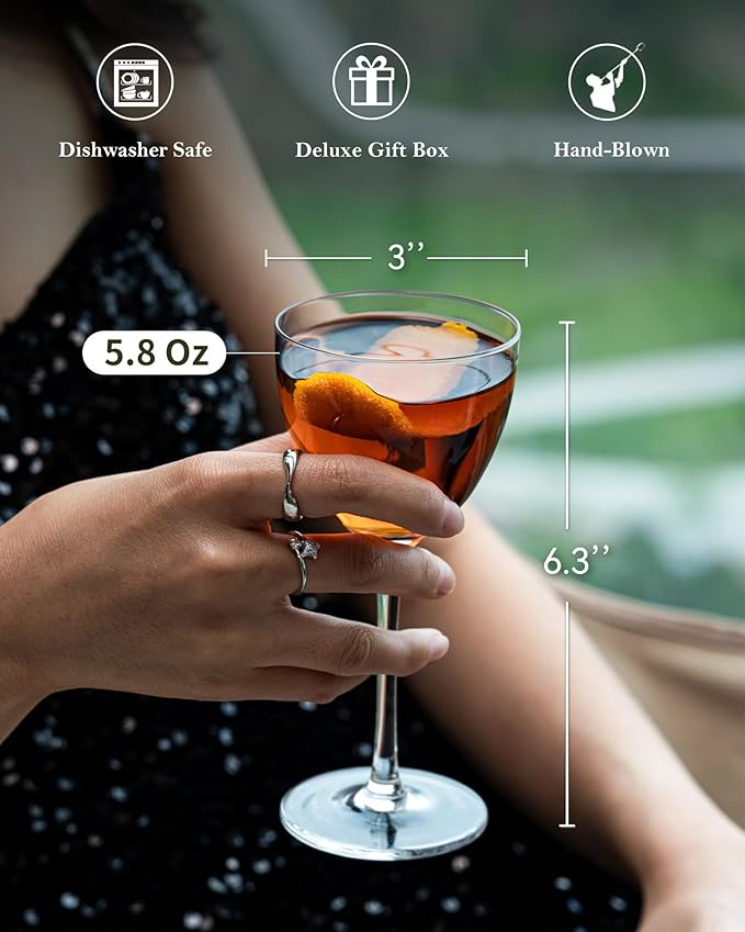 Nick and Nora Cocktail Glasses, 5.8Oz Hand Blown Martini Glasses Set of 4, 100% Lead-Free Crystal Coupe Glassware, Small Cocktail Glasses for Manhattan, Cosmopolitan, Espresso with Gift Box