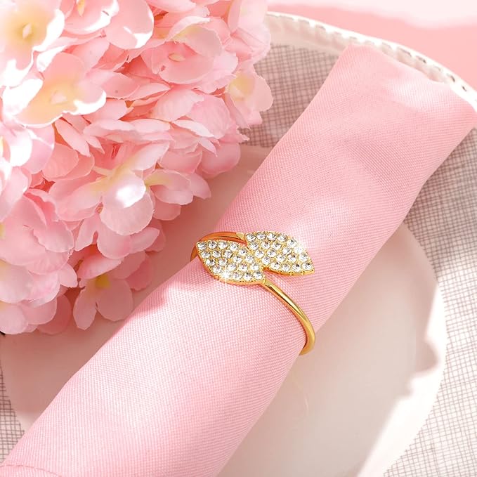 Hotop 150 Pcs Valentine's Day Napkin Rings Gold Table Decorations, Elegant Bling Leaves Napkin Rings, Rhinestone Guest Towels Buckle for Holiday Gather Party, Wedding Dinner Banquet Table Decoration
