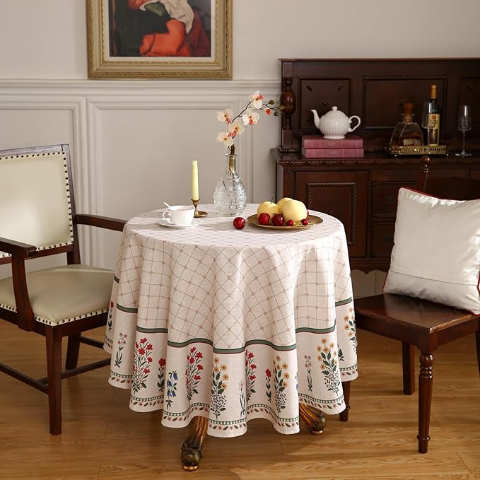ISAENNE Designer Vintage Linen Floral Small Round Tablecloth,Fall Colorful Modern Table Cloth,Anti-Wrinkle Decor Tablecloths for Dining Thanksgiving Kitchen Christmas,Diameter 55"-Bertina E