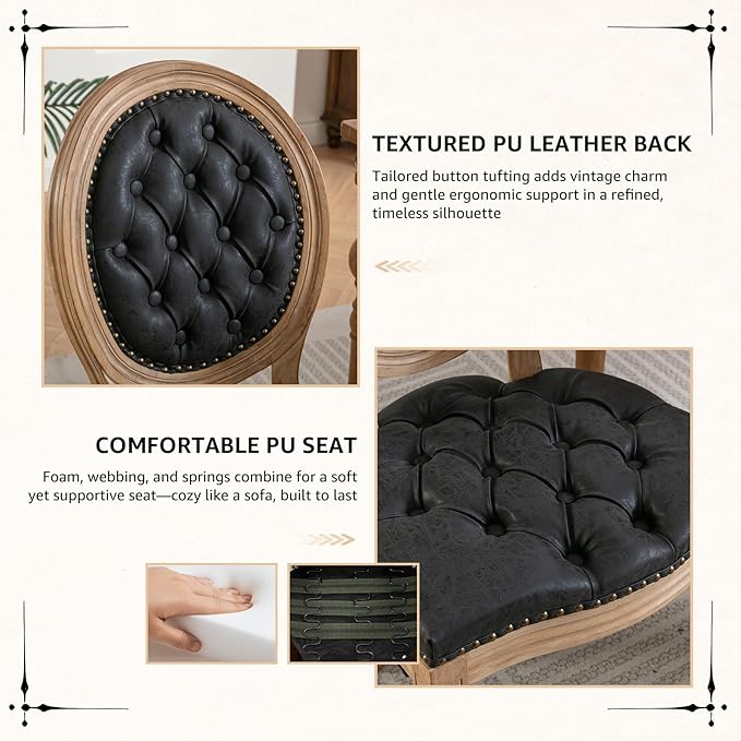Vintage French Dining Chairs Set of 6, Round Back PU Leather Upholstered Side Chairs with Nailhead Trim and Solid Wood Frame, Sillas de Comedor for Dining Room & Kitchen, Black
