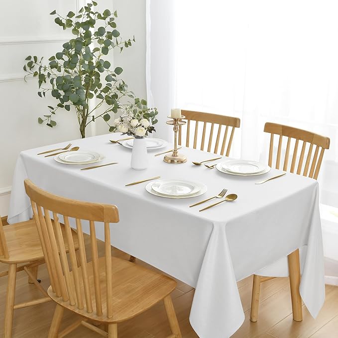 JIUZHEN Rectangle Table Cloth Faux Linen Farmhouse Tablecloth Wrinkle and Stain Resistant Decorative Fabric Table Cover for Kitchen, Dining Room, Parties and Camping, White, 54 x 80 Inch