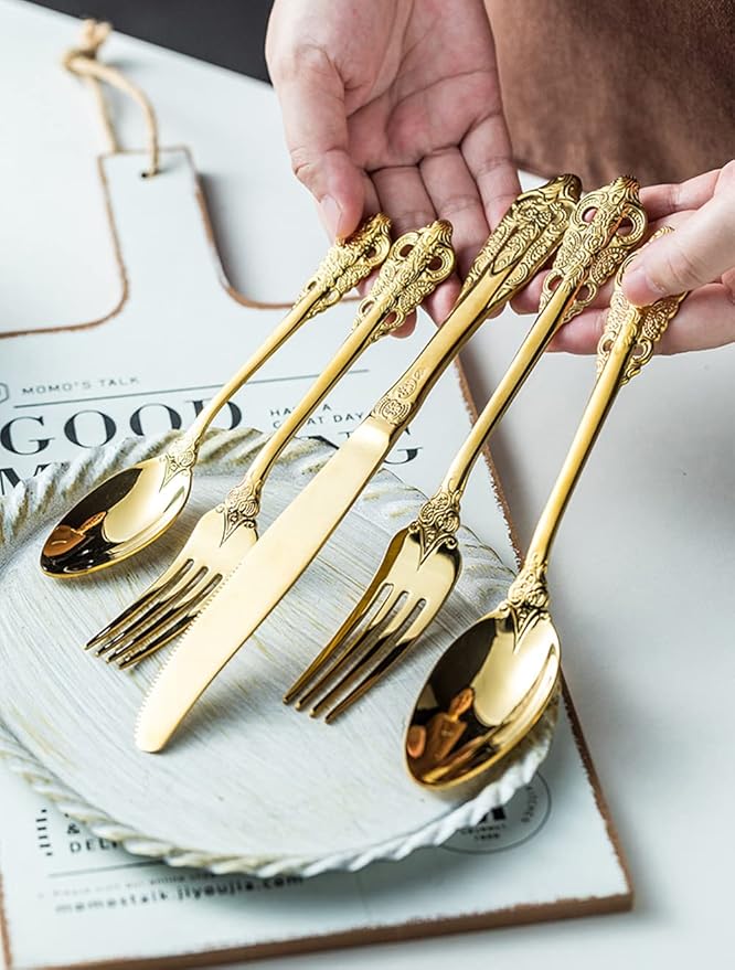 Gold Silverware Set for 16 Premium 18/10 Stainless Steel Flatware Set Palace Style 80 Piece Cutlery Tableware Utensils Embossed Decorative Handle Knives Forks and Spoons for Home Christmas Wedding