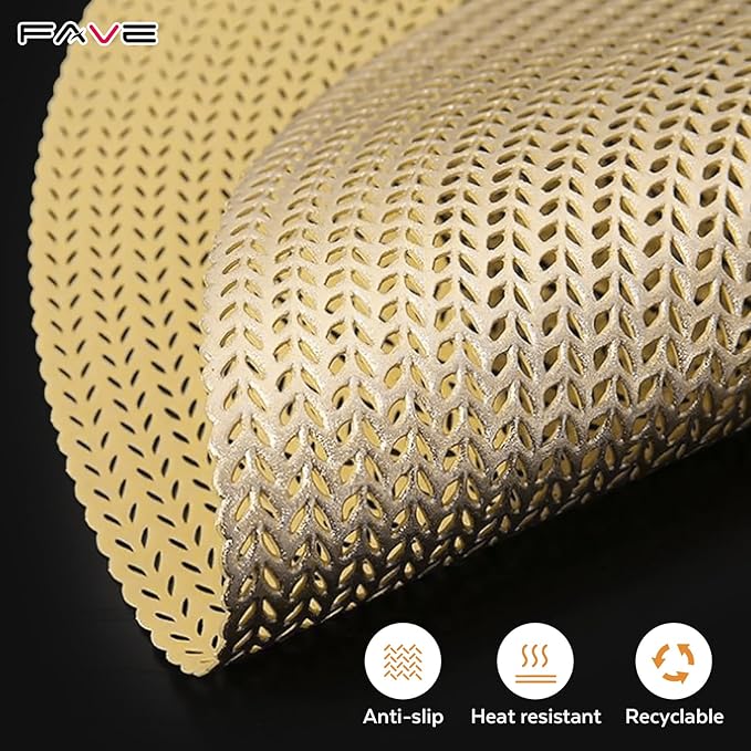 FAVE 10PCS Gold Vinyl Round Placemats, Wheat Sheaf Design 15 Inch Placemats Set of 10 Washable for Dining, Events, Banquet, Home & Daily Use (Gold Wheat,10pcs)