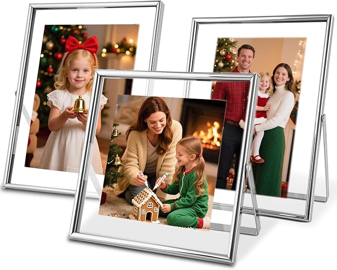 Silver Floating Picture Frames - Set of 3, for Photo Size 4×4, 4×6, 5×7, Vertical Tabletop Display, Double Glass Metal Frame for Wedding, Home or Office Desk Decoration (Silver)