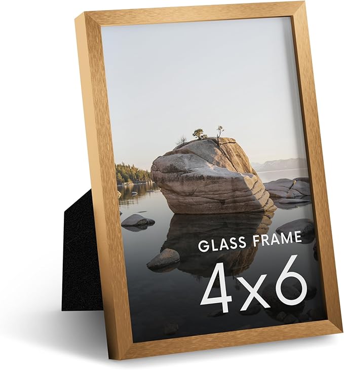 HAUS AND HUES 4x6 Picture Frame with Real Glass & Brass Premium-Grade Metal - Aluminum 4x6 Picture Frame - Includes Easel Back, Hanging Kit - Ideal for Home, Office (4x6 in, Brass)