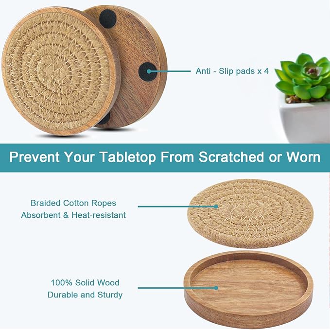 Wood Coasters for Drinks, Absorbent Coaster Sets of 8, Woven Drink Coasters for Coffee Table, Housewarming Gift for Farmhouse Home Decor,4.3 inches Brown