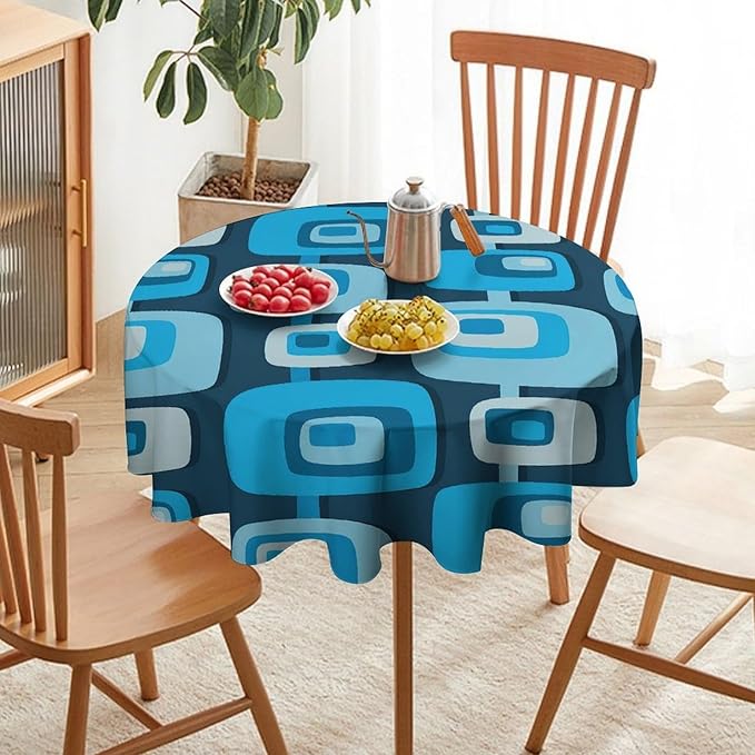 Mid Century Boho Round Tablecloth, Blue Mid Century Modern Art Abstract Geometric Pattern Retro Vintage Style Tablecloth for Home Party Dining Room Kitchen Decor 36Inch(90cm)