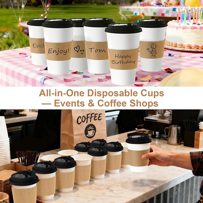 12 oz 300 Pack Coffee Cups with Lids and Sleeves, Straws, Hot Disposable To Go Travel Paper Cups Bulk for Office, Home Coffee Bar Accessories, Chocolate, Cocoa, Beverage (White)