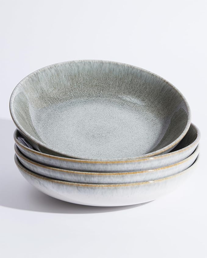 Pasta Bowls of 4, 32 Oz Salad Bowls Soup Bowls, Large Pasta Serving Bowl Porcelain Pasta Plates, Wide and Deep Bowls Set Microwave & Dishwasher Safe-Gradient Green