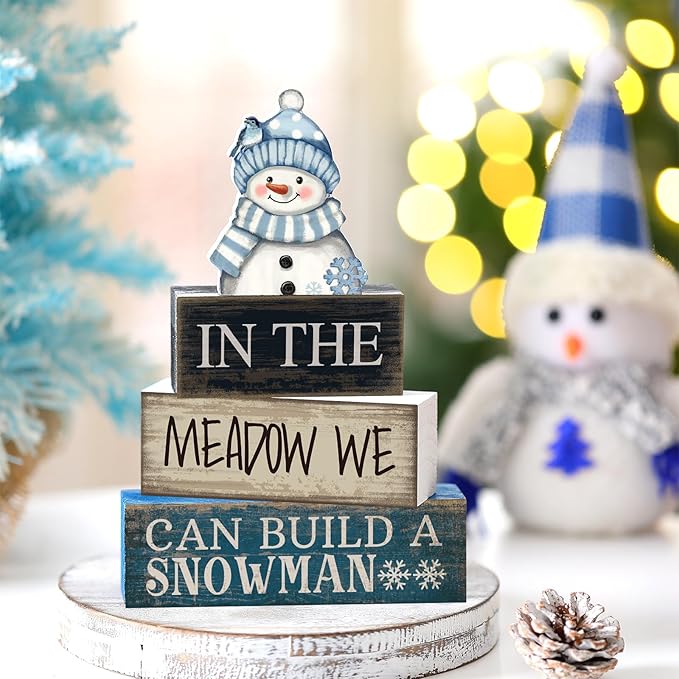 4 Pcs Winter Table Decoration Blue Snowman Decor Winter Tiered Tray Decor Christmas Centerpiece Decorative Wooden Snowman Block Sign Decoration for Home Kitchen