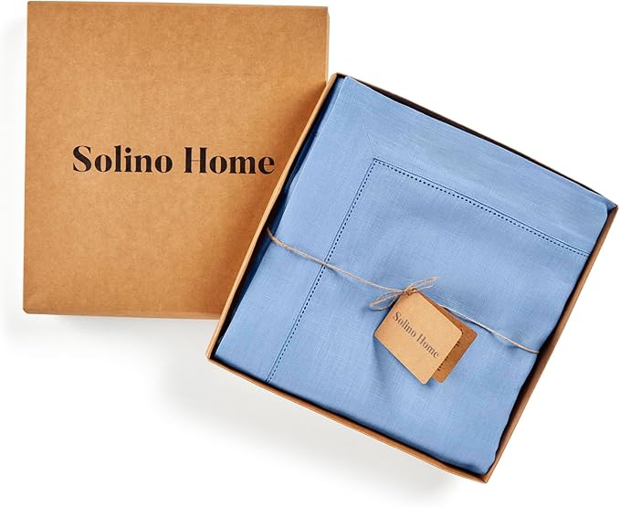 Solino Home Cornflower Blue Linen Tablecloth 60 x 108 Inch - 100% Pure Linen Hemstitch Table Cloth for Rectangle Tables - Classic Hemstitch, Washable Tablecloth for Spring, Easter