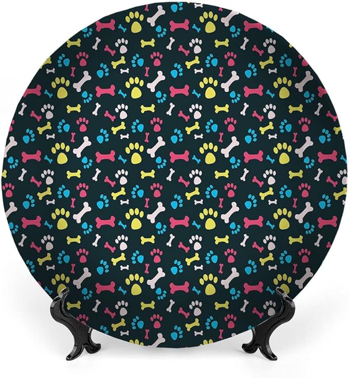 Decorative Plates, Dog Lover Print Ornament, Cool Canine Elements Paw Marks and Bones, 10 Inch, 1 Plate with 1 Display Stand, Multicolor