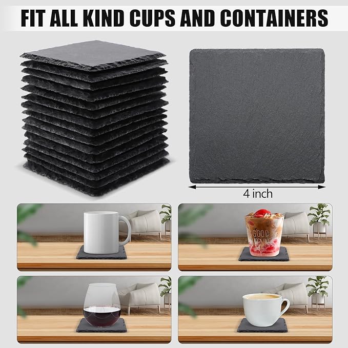 60 Pack Slate Drink Coasters, VIBRATITE 4 Inch Black Slate Stone Coasters Bulk Cup Coaster Laser Engraving Blanks with Anti-Scratch Bottom for Drink Coffee Bar Kitchen Home Decor, Square