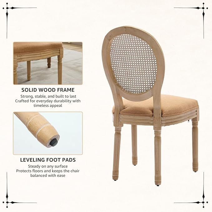Vintage French Rattan Dining Chairs Set of 6, Round Back Accent Chairs with Rattan Backrest and Upholstered Linen Seat, Solid Wood Frame Sillas de Comedor for Dining Room & Kitchen, Camel