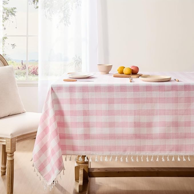 Softalker Valentines Pink Gingham Tablecloth Rectangle, Outdoor Linen Cotton Checkered Table Cloth with Tassel, Heavy Duty Wrinkle Free Plaid Table Cover for Easter Dining Spring Party - 55 x 120 Inch