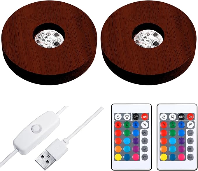 2 Pcs Light LED Base Wood LED Display Base for Glass Art Valentine Decor Crystal Acrylic Resin, 16 Colored USB Light with Remote Wooden Round Lamp Stand for 3D Crystal Ball Room Home Decor(Walnut)