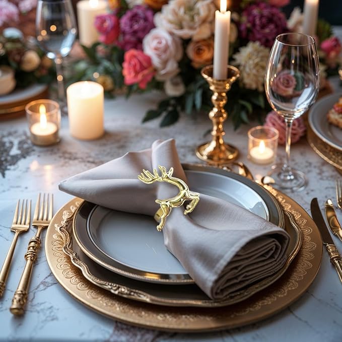 Decozen Set of 4 Gold Napkin Rings in Stag Design Festive Table Decor Setting for Holiday Wedding, Birthday, Kitchen, Home Decor Housewarming Gift - Thanksgiving & Christmas Gift Decoration