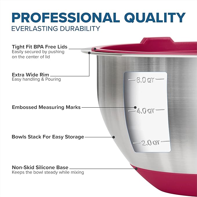 Viking Mixing Bowls Set, 10 Piece Stainless Steel Kitchen Cookware, Non-Slip Silicone Base, Includes Tight Fit Lids, Dishwasher Safe, Red