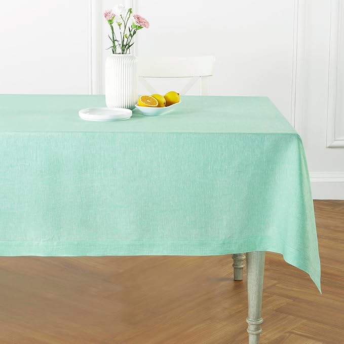 Solino Home Linen Tablecloth 60 x 90 Inch - 100% Pure Linen Chambray Aqua Table Cloth for Rectangle Tables - Athena, Machine Washable Tablecloth for Winter, Spring, Easter