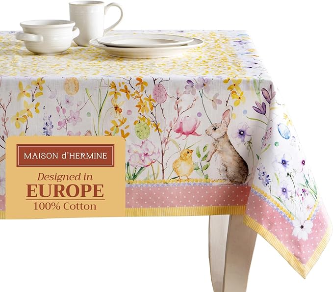 Maison d' Hermine Table Cloth Square Table 100% Cotton 60 x 60 Inches Tablecloth Reusable Decorative for Dining Room Farmhouse Home Valentines Day Decorations Spring Summer - Easter Zest
