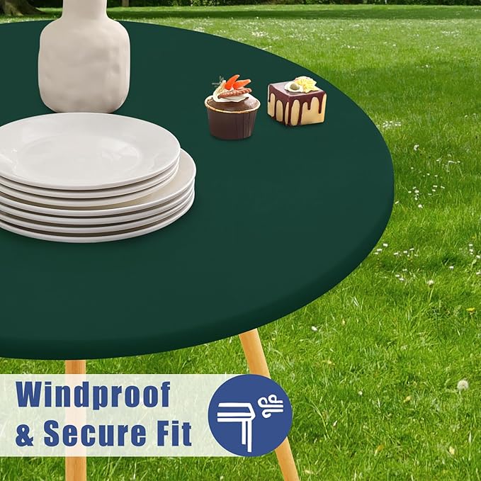 Round Spandex Tablecloth, Elastic Fitted Waterproof Tablecloths for 45"-56" Tables, Stretch Washable Picnic Table Cover for Camping, Dining, Indoor and Outdoor, Hunter Green